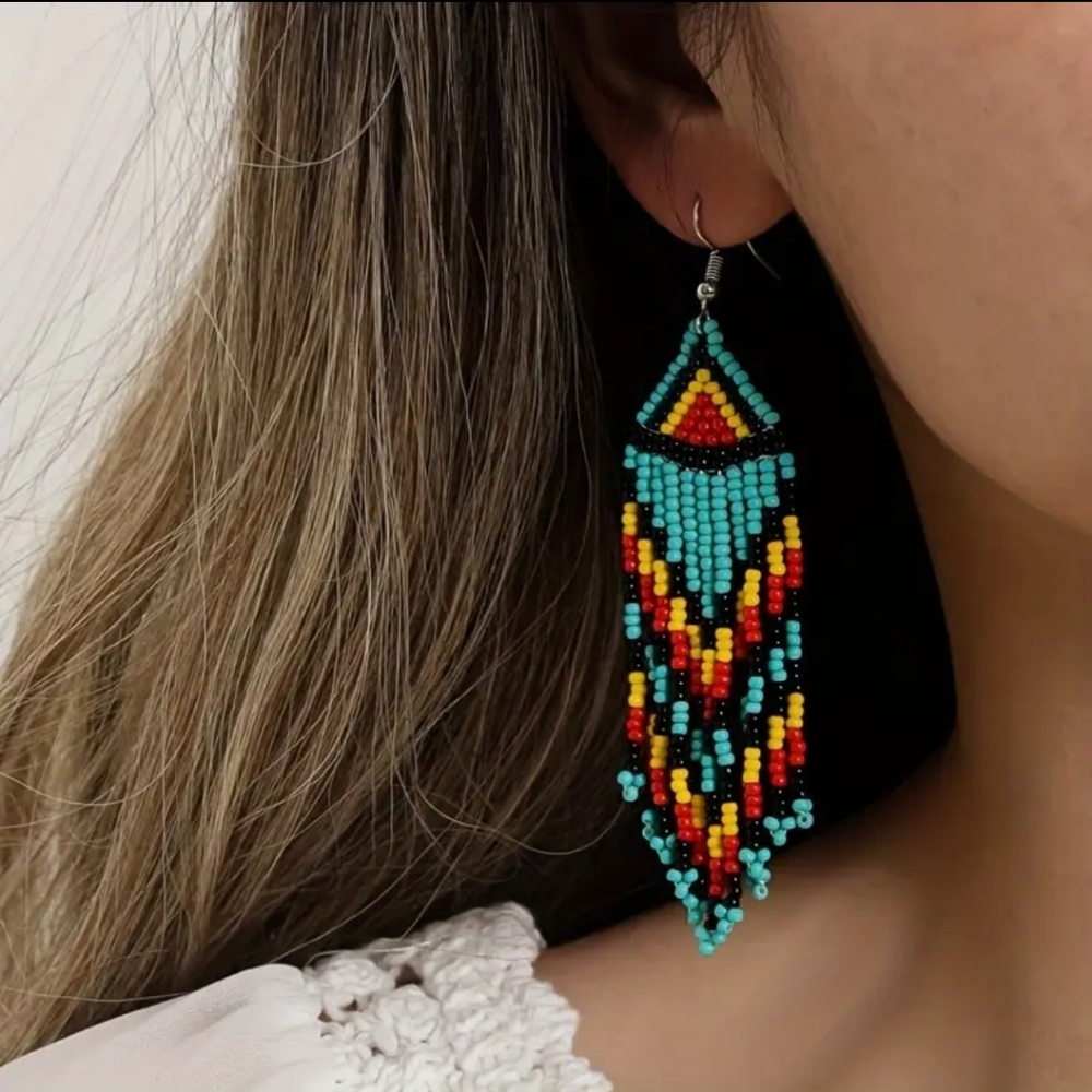 Handcrafted Beaded Fringe‎ Earrings - Multicolor
